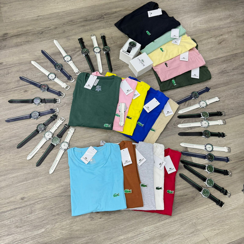KIT LACOSTE 5 CAMISETAS + 1 RELOJ